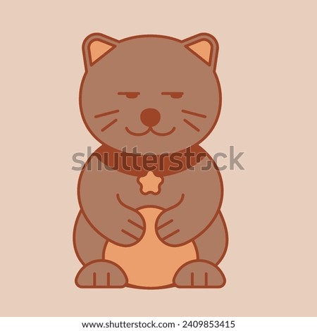 Illustration of a well-fed cat. Japanese style cat in warm colors. Logo with cat. Vector illustration for menus, posters, social networks.