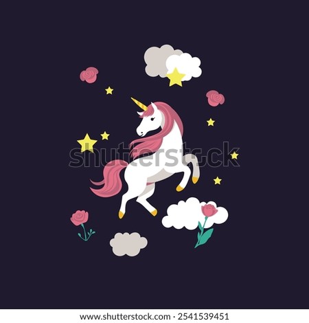 Flat style unicorn among clouds, stars and roses.Children's fantasy book cover. A fairy tale creature. Magic and enchantment. Children's dreams. Fairy tales and stories.