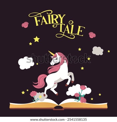 Flat style unicorn among clouds, stars and roses. A living fairy tale. Children's fantasy book cover. A fairy tale creature. Magic and enchantment. Children's dreams. Fairy tales and stories.