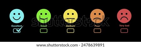 Emotion feedback vector concept. Rank, level of satisfaction rating. Excellent, good, normal, bad, very bad. Icon set illustration