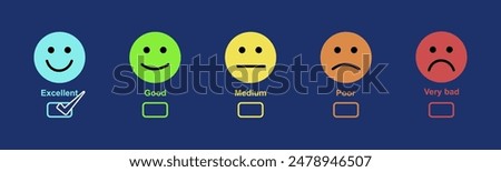 Emotion feedback vector concept. Rank, level of satisfaction rating. Excellent, good, normal, bad, very bad. Icon set illustration