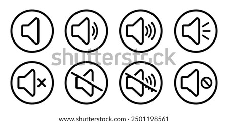 Speaker volume and mute icon in circle outline. Simple sound volume and audio mute mark symbol design illustration. Multimedia audio music, electronic devices, tapes, computer graphics