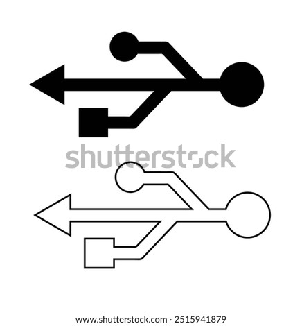 USB connection vector icon set black filled and outlined style. Flash drive symbol, plug electronic, portable connector computer sign, file technology transfer. Vector illustration