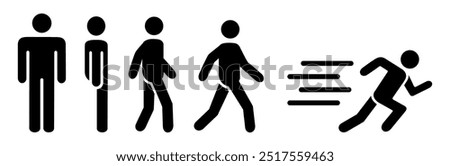 Running and walking people icons. Man silhouette stands, walk and run icon set. People symbol. Simple black colours design concept. For web, app, ui, etc. Vector icon illustration