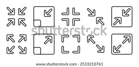 Minimize and maximize icon set icon rally compact size icon small large scale arrow. Full screen, expand, reduce, small screen. Shrink enlarge icons resize in arrows. Vector illustration