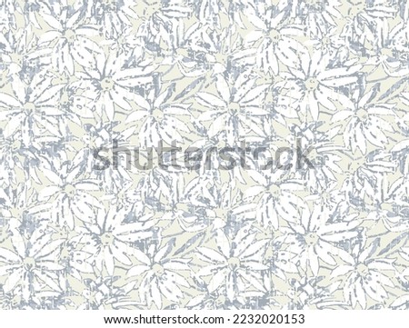 farmhouse flower motif blue background. Hand painted earthy whimsical seamless pattern. Modern floral linen textile for spring summer home decor. Decorative scandi style nature all over print