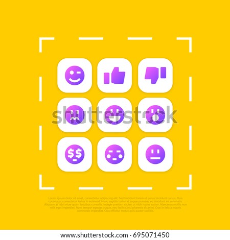 Emoji or Social Reactions App icon set clipart. Contains wink, like, dislike or unlike, laugh, omg, dollar eyes, flushed or embarrassed, neutral, sad. Compatible as PNG, JPG, AI, CDR, SVG, EPS, PDF.