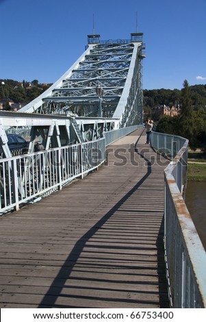 Walkway of Das Blaue Wunder (The Blue Miracle), a 1891-1893 cantilever truss bridge over the Elbe River, an engineering masterpiece and famous Dresden landmark
