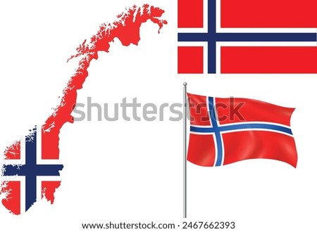 Norway map with flag embeded inside with 2 flags wavy flag and straight flag vector illustration