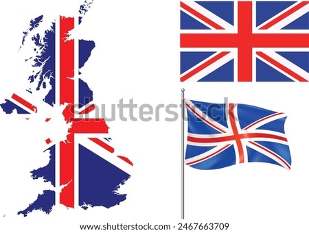 UK map with flag embeded inside with 2 United Kingdom flags wavy flag and straight flag vector illustration