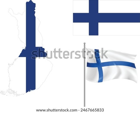 finland map with flag embeded inside with 2 flags wavy flag and straight flag vector illustration