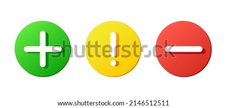 set of plus and minus icons, positive and negative symbols, exclamation rounded buttons, check mark vector icon, green yellow red