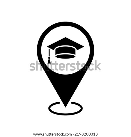 school location map pointer, graduation hat icon with location pin, black filled symbol isolated on white background, vector marker, university, college sign