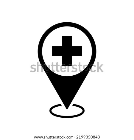 hospital location map pointer, cross icon with location pin, black filled symbol isolated on white background, vector marker, first aid sign