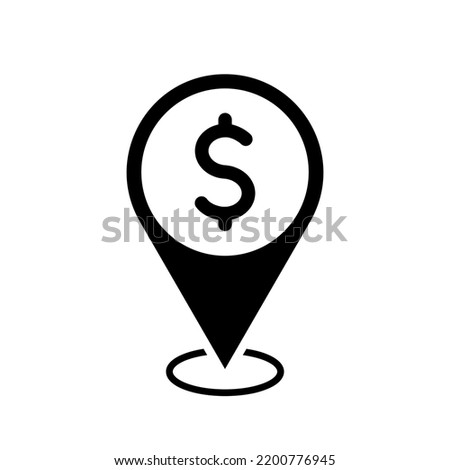 bank location map pointer, dollar sign icon with location pin, black symbol isolated on white background, cash machine vector marker