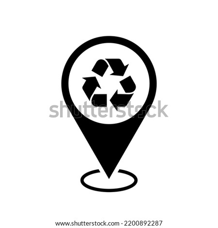 recycling center location map pointer, recyclable icon with location pin, black symbol isolated on white background, vector marker, recycling bin sign