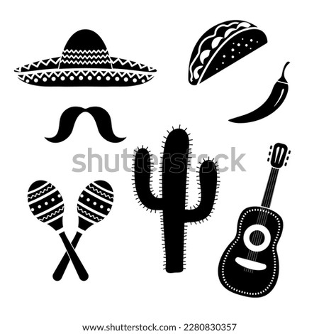 mexican culture icons set, cinco de mayo festival, silhouette symbols, set of black vector design elements