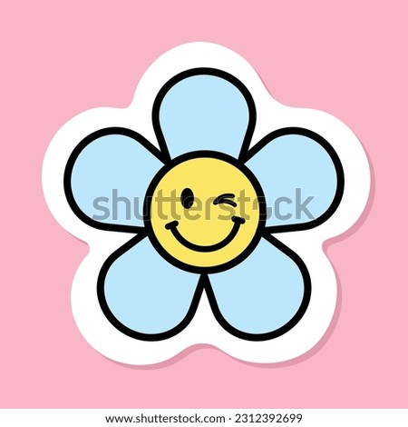 groovy flower with winking eye sticker, cartoon funny smiling face, blue daisy with black outline, groovy aesthetic vector design element