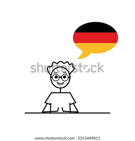 deutsch speaking cartoon boy with speech bubble in flag of Germany colors, male character learning german language vector illustration, black line sketch