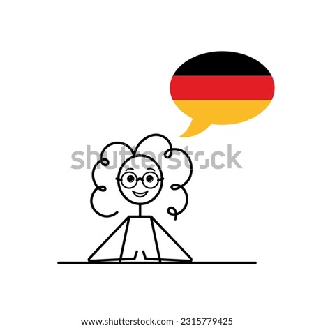 deutsch speaking cartoon girl with speech bubble in flag of Germany colors, female character learning german language vector illustration, black line sketch
