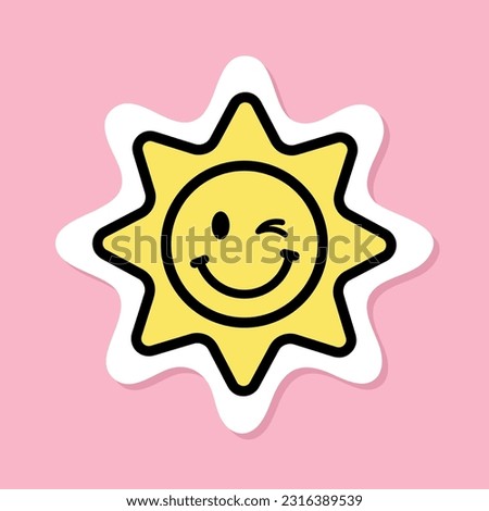 winking sun sticker, yellow symbol with black outline, cute smiling sun with winking eye on pink background, groovy aesthetic vector design element