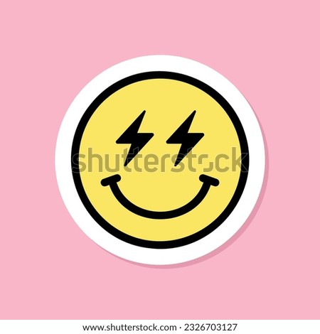 lightning eyes emoji sticker, yellow face with lightning bolt eyes,cute sticker on pink background, groovy aesthetic, vector design element