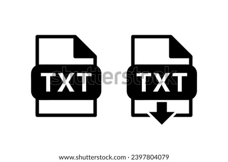 txt file format black icon, download txt document sign with arrow, set of two vector symbols