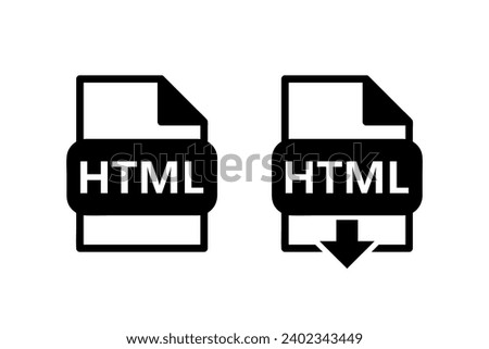 html file format black icon, download html file sign with arrow, set of two vector symbols