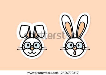 Easter Bunny with glasses on cartoon character, baby rabbit cute smiling and surprised face, two vector stickers