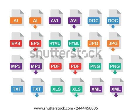 file format icon set, file extensions, popular files format flat vector sign