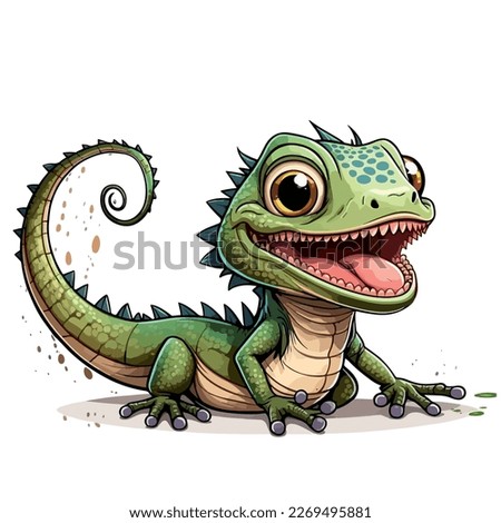Little green lizard. Little baby lizard. A friendly little lizard with big brown eyes. Nice character graphics made in vector graphics. Illustration for a child.
