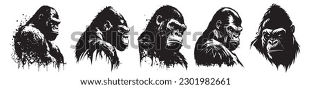 Gorilla heads black and white vector. Silhouette svg shapes of gorilla illustration.