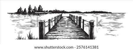 wooden dock extending into lake with distant island in black and white hand-drawn style
