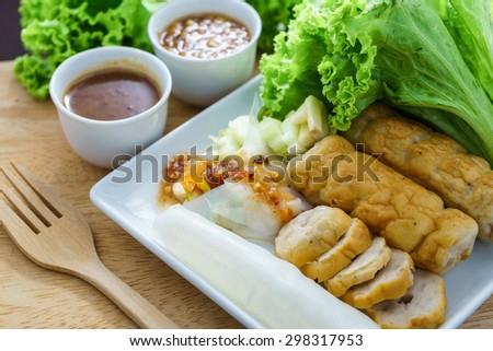Nam Neung is Vietnamese food, Meatball Wraps pour sauce and served with vegetable