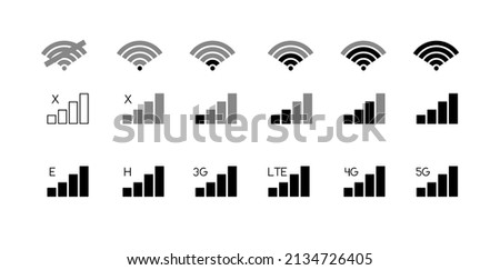 Mobile phone connection level icons. No signal, bad, lte, 3g,4g and 5g network status icon set isolated on white background