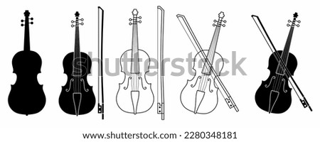 Violin with bow icon set isolated on white background