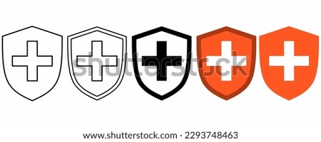 outline silhouette Medical shield with cross icon set isolated on white background