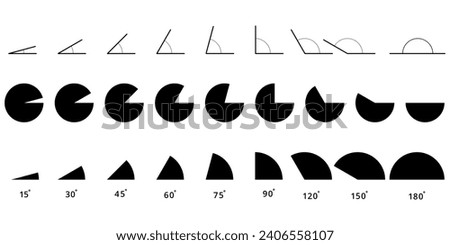 15,30,45,60,75,90,120,150,180 degree icon set.degree of arc and pie chart icon