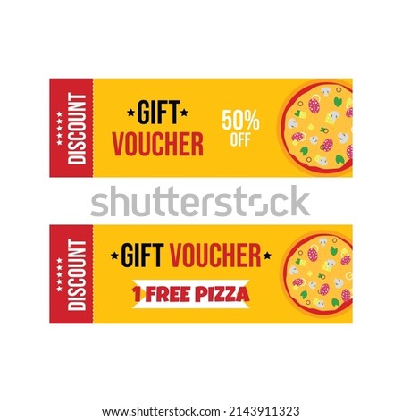 Pizza voucher banner. Free pizza coupon for bar, cafe, restaurant. Color flat discount with tasty italian pizza and sign 50% off.