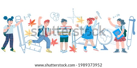 Background with cheerful school children characters going to school. Back to school concept of banner or flyer, cartoon vector illustration isolated on white backdrop.