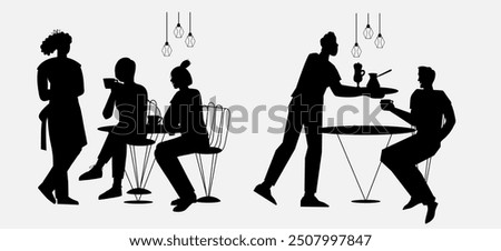 Silhouette image of a scene in a cafe or coffee shop. People sitting in cafe, chatting, and waitress taking order, outline graphic vector illustration on white background.