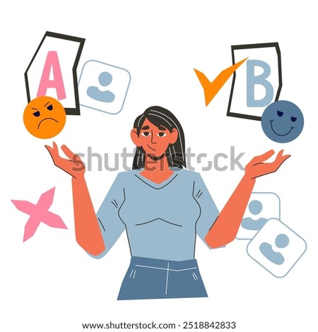 Customer takes part in A-B testing. AI-Refined Marketing campaign, vector illustration isolated on white. AI-refined marketing strategies, targeting a specific audience based on testing data.