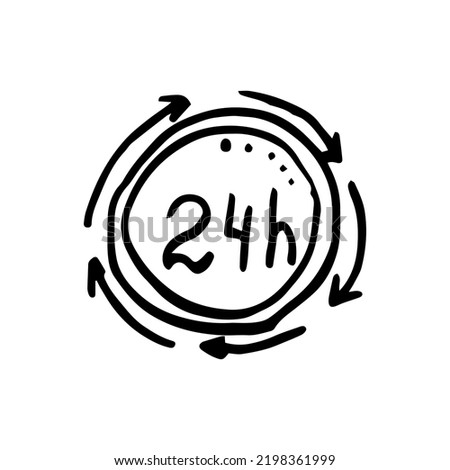 24 hours service line doodle icon, outline vector sign, linear pictogram isolated on white.