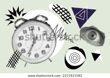 Fashion art collage with alarm clock, lips and eye in pop art style with levitating objects. Contemporary art poster. Amazing punk minimalism.