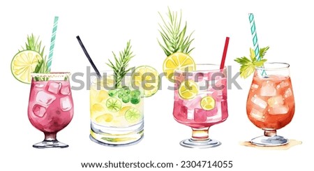 Set of cocktails, summer drinks watercolor clipart. Vector. Refreshing beverage glasses with ice mint and straw