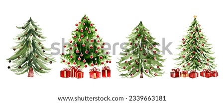 Set of hand drawn watercolor Christmas trees decorated with red gift boxes and balls.