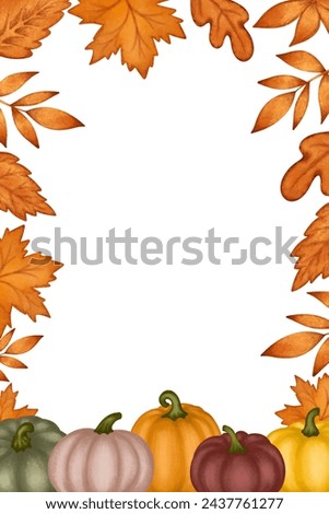 Autumn frame pumpkins and leaves, thanksgiving card empty vertical template