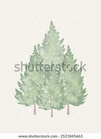 Watercolor winter scene with three evergreen trees covered in snowflakes against a light background