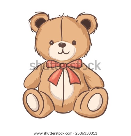 Cute teddy bear sitting with a red bow, ideal for children decor and nursery themes