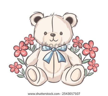 Cute teddy bear with flowers sitting quietly with a gentle smile on its face